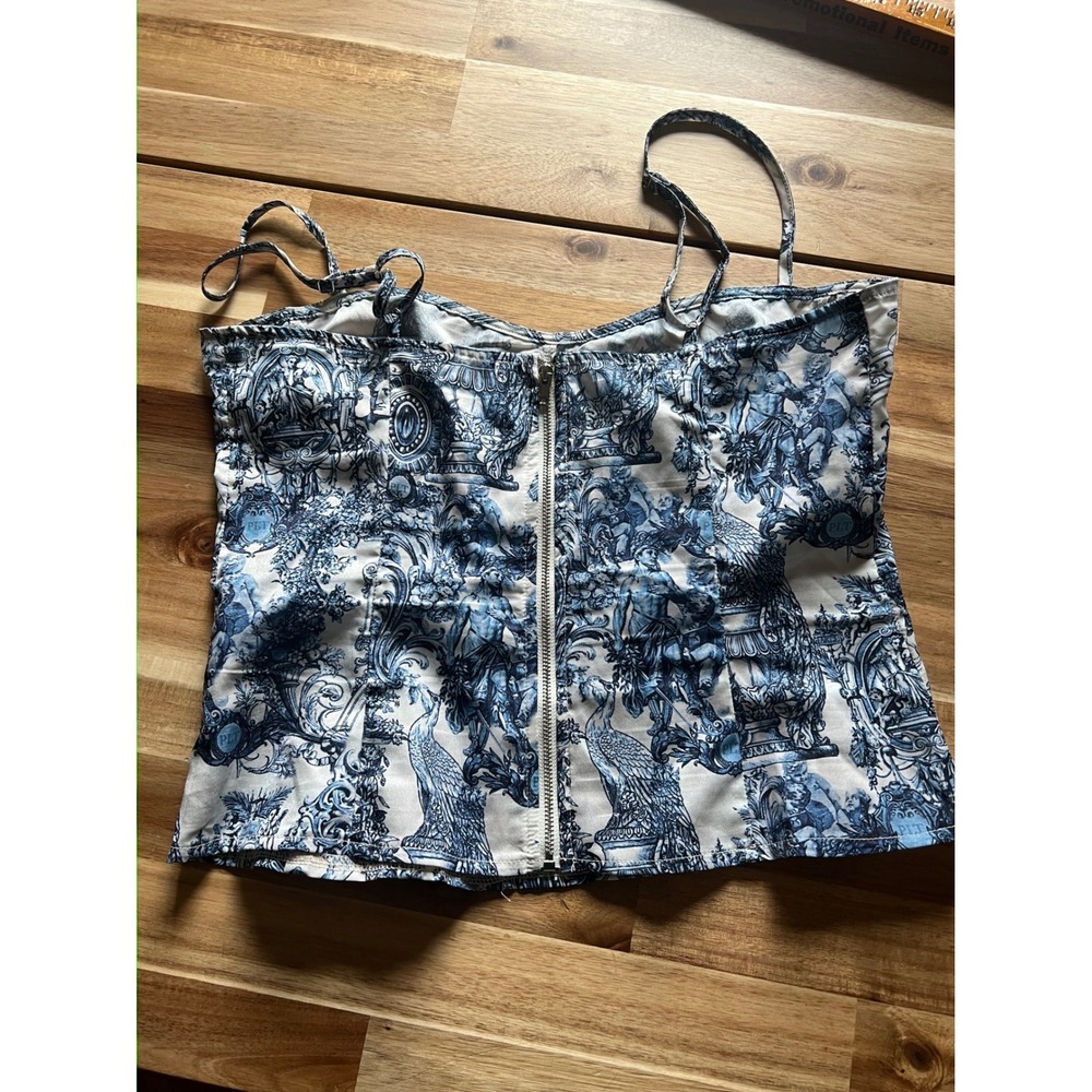 PrettyLittleThing Blue Renaissance Toile Print Corset Top Zip back coquette chic - Picture 8 of 8